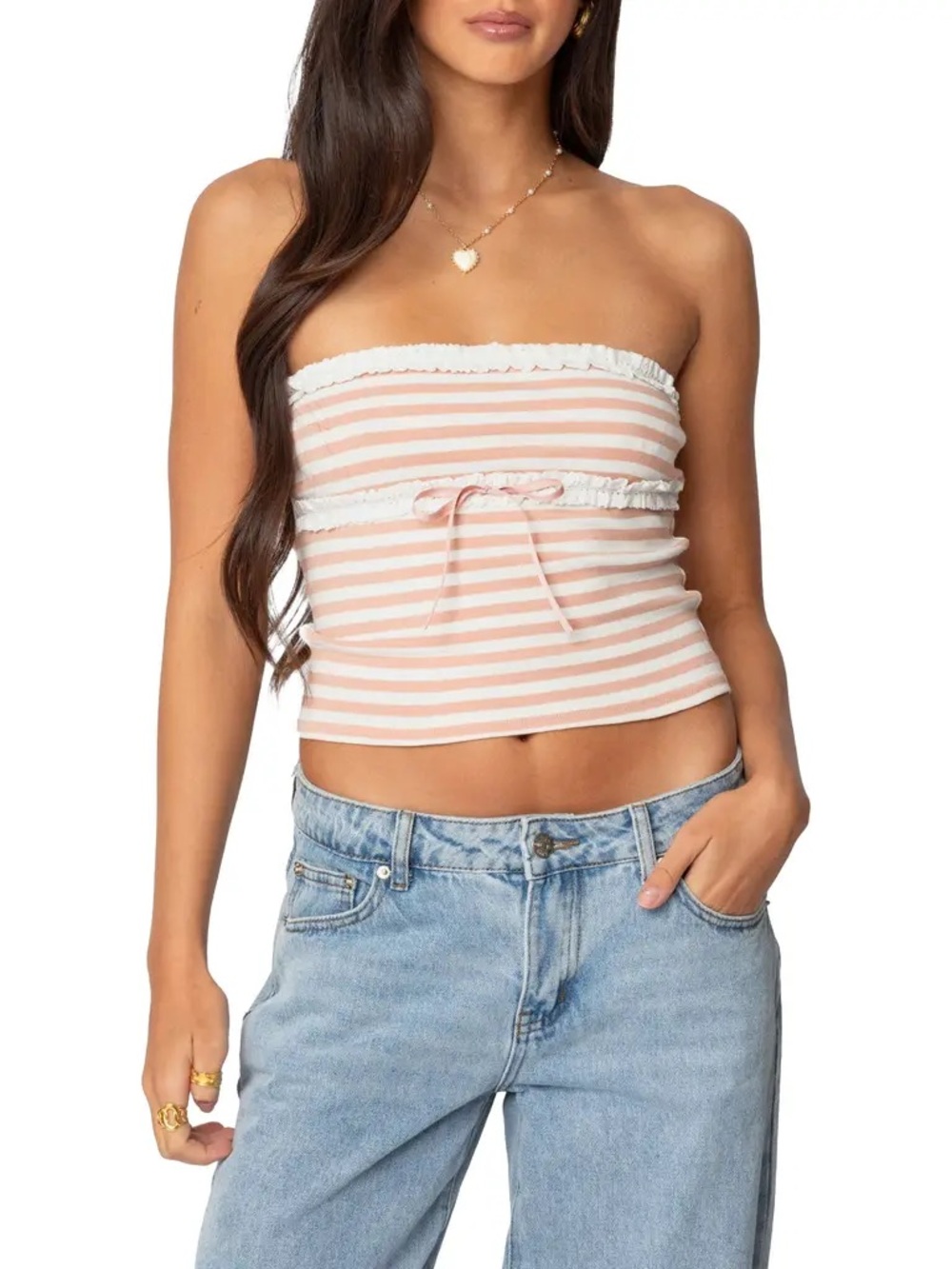 Edikted Lexi Ribbed blush and white Tube Top